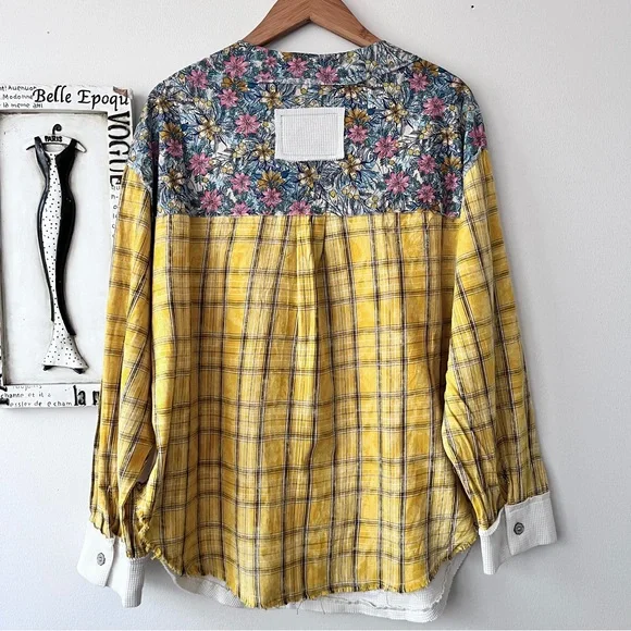 POL Boho Waffle Knit Henley Mixed Plaid Floral Print Women’s Long Sleeve Top L - Picture 7 of 12